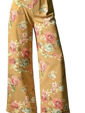 Floral Wide-Leg Jumpsuit Pants in Mustard Floral